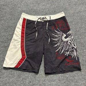 Affliction Mens Board Shorts Size 34 Eagle Graphic Striped Pull On Drawstring